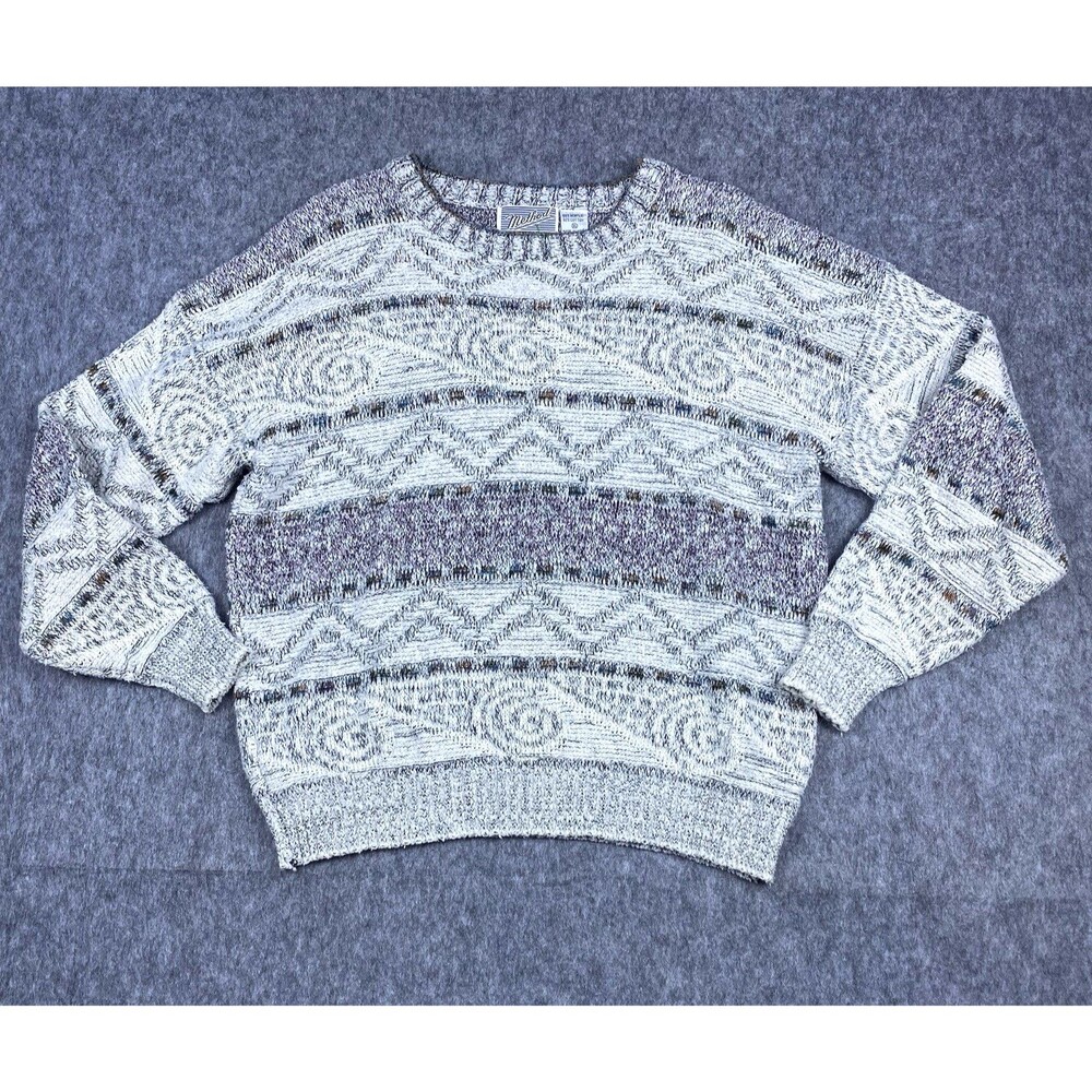 Vtg Method Men's Sweater Textured 3D Knit Crewneck Gray Geometric Print Size XL